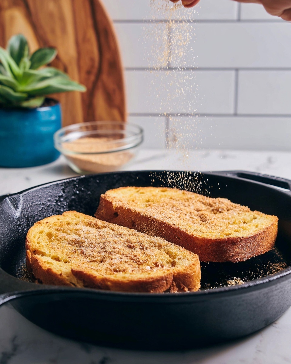 Two slices of toasted bread with a golden brown color are in a black cast iron pan. On top of the sliced bread, there is a layer of light brown sugar being sprinkled from a woman's hand above the pan. The sugar is shown falling in mid-air, adding texture to the bread. The background shows a white marbled surface, a small clear glass bowl with more brown sugar, a blue pot with a green plant, and a wooden board leaning against a white tiled wall. Photo taken with an iphone --ar 4:5 --v 7
