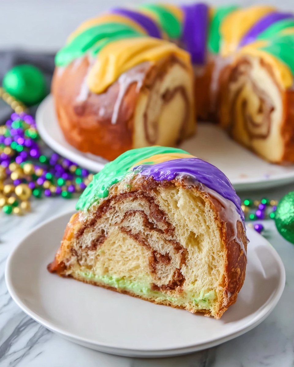 The image shows a King Cake with a thick, round dough base that has swirls of light tan and brown inside, indicating a cinnamon flavor. The visible slice has three layers: a soft, spongy bread layer with cinnamon swirls, a yellow-green creamy filling, and a shiny glaze on top. The top of the cake is decorated with colorful stripes of smooth icing in purple, green, and yellow. The slice with a small plastic baby doll is placed on a white plate on a white marbled surface, and the full cake is on a white plate in the background. Photo taken with an iphone --ar 4:5 --v 7