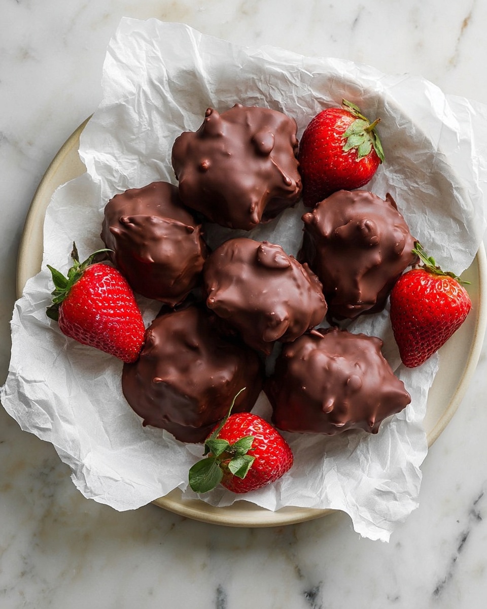 A white plate lined with crumpled white parchment paper holds five unevenly shaped chocolate-covered treats with a smooth, shiny texture, each showing small bumps and slight ridges. Surrounding the chocolate pieces are seven bright red strawberries with green leafy tops, adding a fresh contrast in color. The plate is placed on a white marbled surface, giving a clean and simple background. photo taken with an iphone --ar 4:5 --v 7