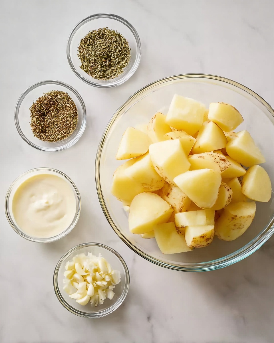 The image shows a clear glass bowl filled with pale yellow potato pieces, each cut into large chunks with the skin still on. To the left of this bowl, there are four small clear glass bowls arranged neatly. The top left bowl contains greenish dried herbs, the top right bowl has a creamy white sauce, the middle bowl below it holds white salt, and the bottom left bowl has finely chopped garlic. The bowls are all placed on a white marbled surface, which gives a clean and bright background to the ingredients. photo taken with an iphone --ar 4:5 --v 7