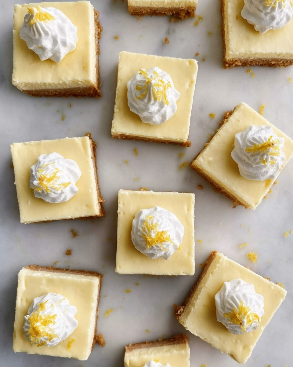 The image shows a top view of seven square cheesecake bars arranged on a white marbled surface, each topped with a small dollop of white whipped cream and a light sprinkling of lemon zest. The cheesecake bars have two layers: a light yellow creamy top layer and a thin, light brown crumbly crust at the bottom. The squares are all evenly cut and spaced apart, giving a neat and clean look. photo taken with an iphone --ar 4:5 --v 7