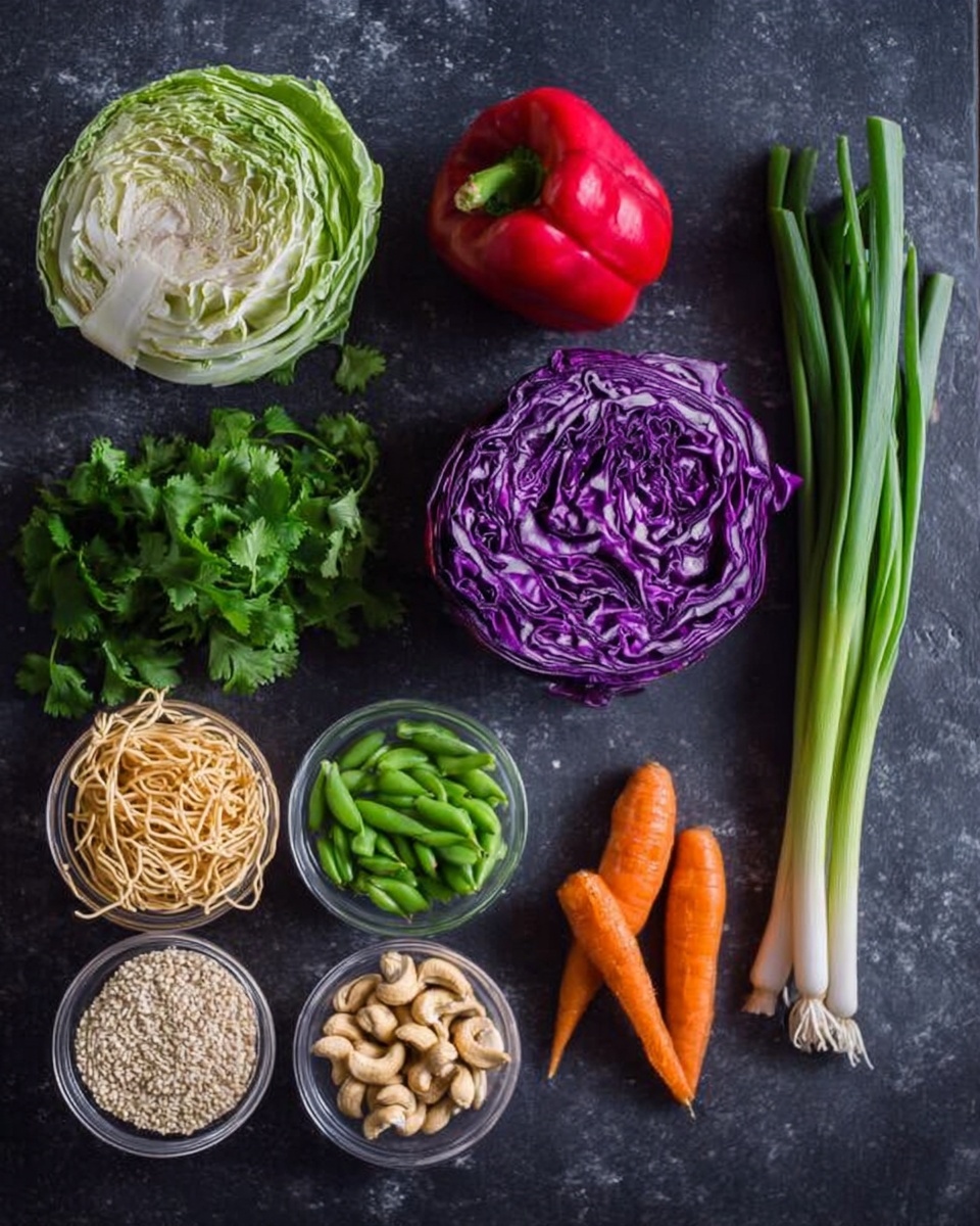 The image shows fresh vegetables and small bowls of ingredients on a dark surface. There is a half head of green cabbage on the left, with a small bunch of cilantro below it. Next to the cabbage, a red bell pepper is placed above a half head of purple cabbage in the center. To the right are a clear bowl of green snap peas, a whole bright orange carrot, and three green onions with white tips. In the front row, there are three small clear bowls: one with beige sesame seeds, one with thin crunchy noodle sticks, and one with cashew nuts. The background is a white marbled texture photo taken with an iphone --ar 4:5 --v 7