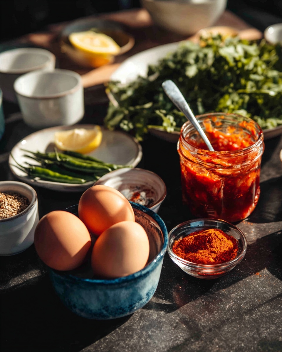 The image shows a close-up of several fresh ingredients arranged on a dark surface with natural light casting warm shadows. In the foreground, there is a blue ceramic cup holding four brown eggs with smooth shells. To the right, there is a clear glass jar filled with bright red sauce or paste, with a spoon inside. Behind the jar, there is a small white bowl with red chili powder and lemon wedges beside it. Further back, a white plate holds a bunch of fresh green herbs, and another small white bowl contains green chilies. To the left, a small white cup contains some toasted seeds or spices. The background is softly blurred with hints of other ingredients in white dishes. The photo is taken with an iphone --ar 4:5 --v 7