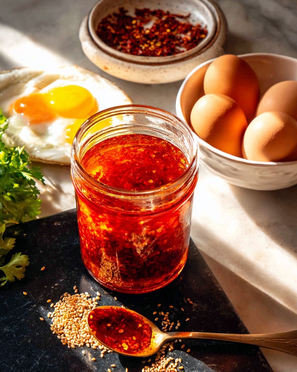 A clear glass jar filled with bright red-orange chili oil showing a slightly oily textured surface with darker red patches. Next to the jar on the right is a spoon coated with the same thick chili oil, resting on a dark surface covered lightly with scattered light brown toasted sesame seeds. Behind the jar to the left is a white plate holding a small white bowl filled with crushed red chili flakes and some fresh green herbs beside it. On the right background, a white bowl holds several brown eggs. The scene is set on a white marbled surface with warm sunlight highlighting the rich colors and textures. Photo taken with an iphone --ar 4:5 --v 7
