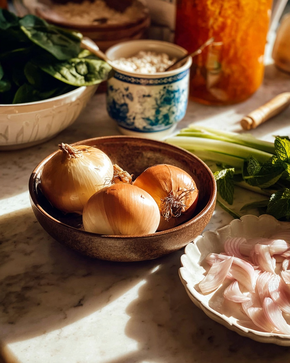 A rustic brown bowl holds three whole onions with light brown skins and white inner layers slightly visible. To the right, a white scalloped plate is filled with thin, pale pink slices of shallots in soft light. Behind the bowl, there is a white cup with blue floral patterns filled with white grains, possibly rice. A bunch of fresh green mint leaves rests beside the bowl on a white marbled surface. In the background, a white bowl holds bright green spinach leaves, and an orange jar with a spoon sticking out sits behind it. The scene is warm, with natural sunlight casting soft shadows. Photo taken with an iphone --ar 4:5 --v 7