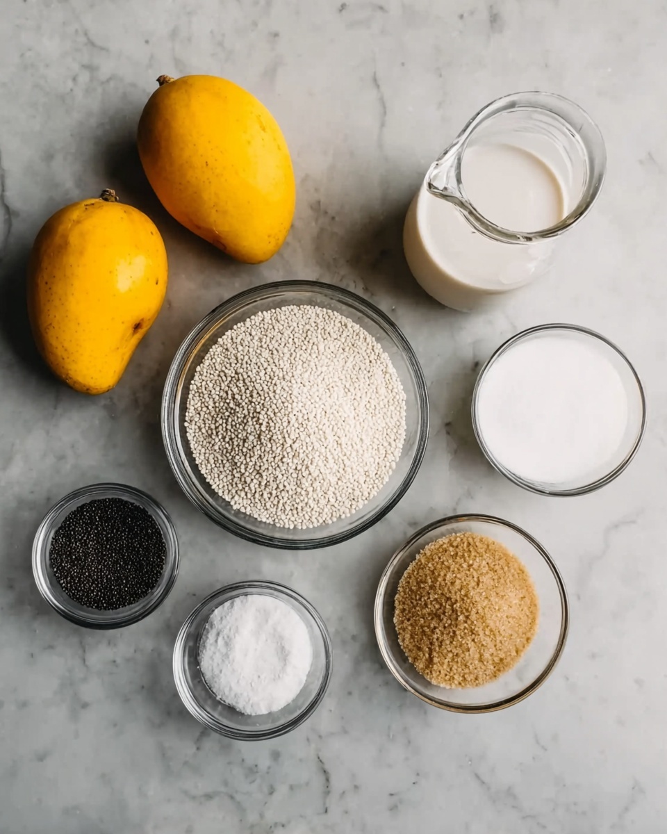 The image shows a white marbled surface holding several clear glass bowls and containers arranged in a loose circle. At the center is a medium glass bowl filled with white grains. To its upper right is a glass jug with a white liquid. Below the jug is a small glass bowl of white powder. To the right of the grains bowl is a medium glass bowl of light brown granulated sugar. Below that is a small glass bowl with white salt. To the left of the grains bowl is a small glass bowl with black seeds. On the far left side, there are two yellow mangoes placed side by side. The whole setup is neat and spaced out on the white marbled background. photo taken with an iphone --ar 4:5 --v 7