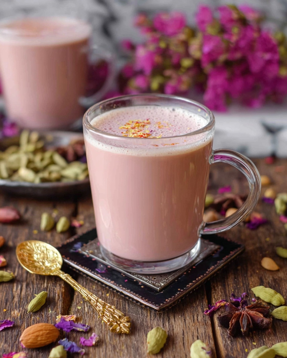 A clear glass cup filled with a smooth, creamy pink drink that has a thin layer of froth on top, sprinkled lightly with tiny spices. The cup is placed on a small dark square coaster with a shiny pattern, which sits on a wooden table. Around the cup, there are various colorful dried spices and nuts scattered, including green cardamom, star anise, peanuts, and purple dried flower petals. A golden ornate spoon lies diagonally beside the cup. In the background, there is part of another identical glass with the same pink drink and a blurred pink flower arrangement above, all set on a white marbled texture. photo taken with an iphone --ar 4:5 --v 7