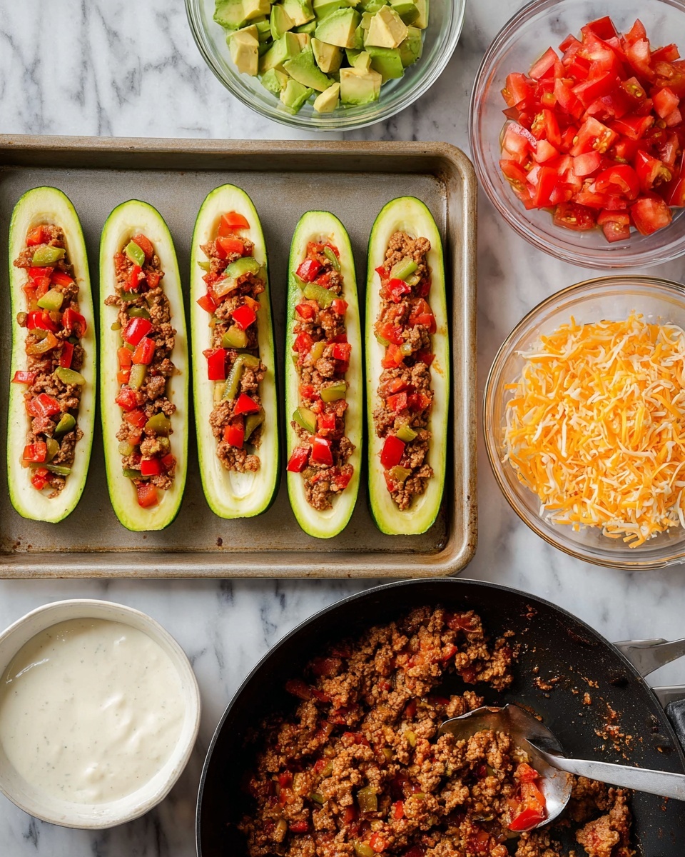 The image shows a metal tray with six hollowed zucchini halves lined up horizontally; three on the left are empty, and three on the right are filled with a cooked mixture of ground meat and diced red peppers. Below the tray, there is a black frying pan filled with the same cooked meat and pepper mixture, with a spoon resting inside. Around the tray, there are three clear glass bowls containing shredded orange cheese, avocado chunks, and chopped red tomatoes mixed with onions. To the bottom left is a white bowl with a creamy white sauce. All items are placed on a white marbled surface. photo taken with an iphone --ar 4:5 --v 7