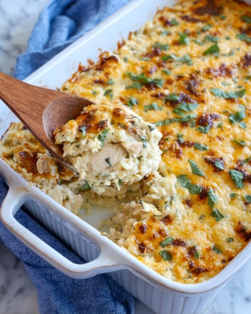A white rectangular baking dish filled with a creamy baked casserole showing a golden, slightly browned cheese layer on top mixed with green herbs scattered evenly. The casserole has visible chunks of light beige textured ingredients beneath the cheese. A wooden spoon held by a woman's hand is scooping out a portion from the corner, revealing the soft, mixed layers inside. The dish is set on a white marbled surface with a blue cloth partially visible underneath. photo taken with an iphone --ar 4:5 --v 7