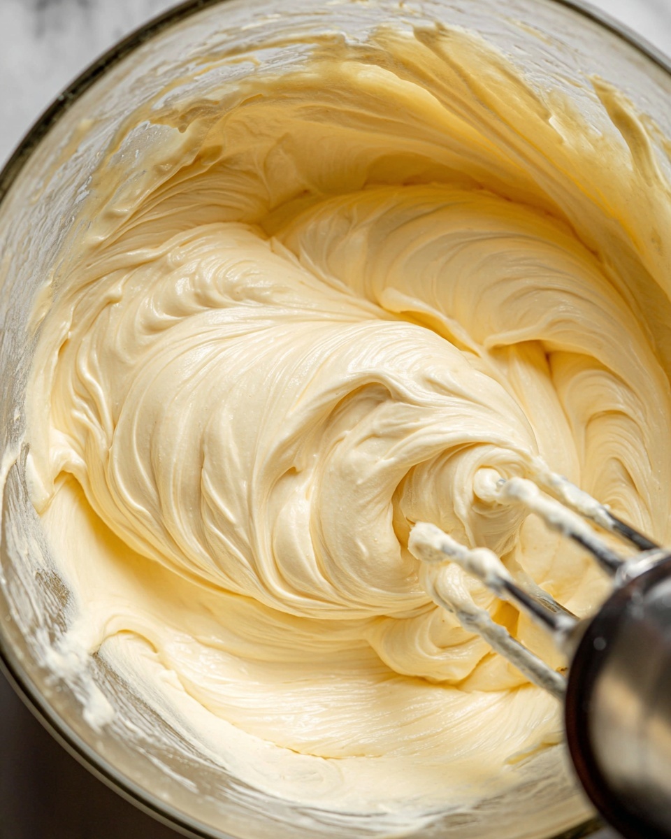 A close-up view inside a glass mixing bowl shows a large amount of smooth, creamy, light yellow batter swirled around by a metal mixer beater. The batter has thick, soft peaks and folds with a silky texture and a shiny surface. The bowl edges have traces of batter clinged softly, and the metal mixer beater is visible partly submerged in the batter. The background is a white marbled texture. photo taken with an iphone --ar 4:5 --v 7