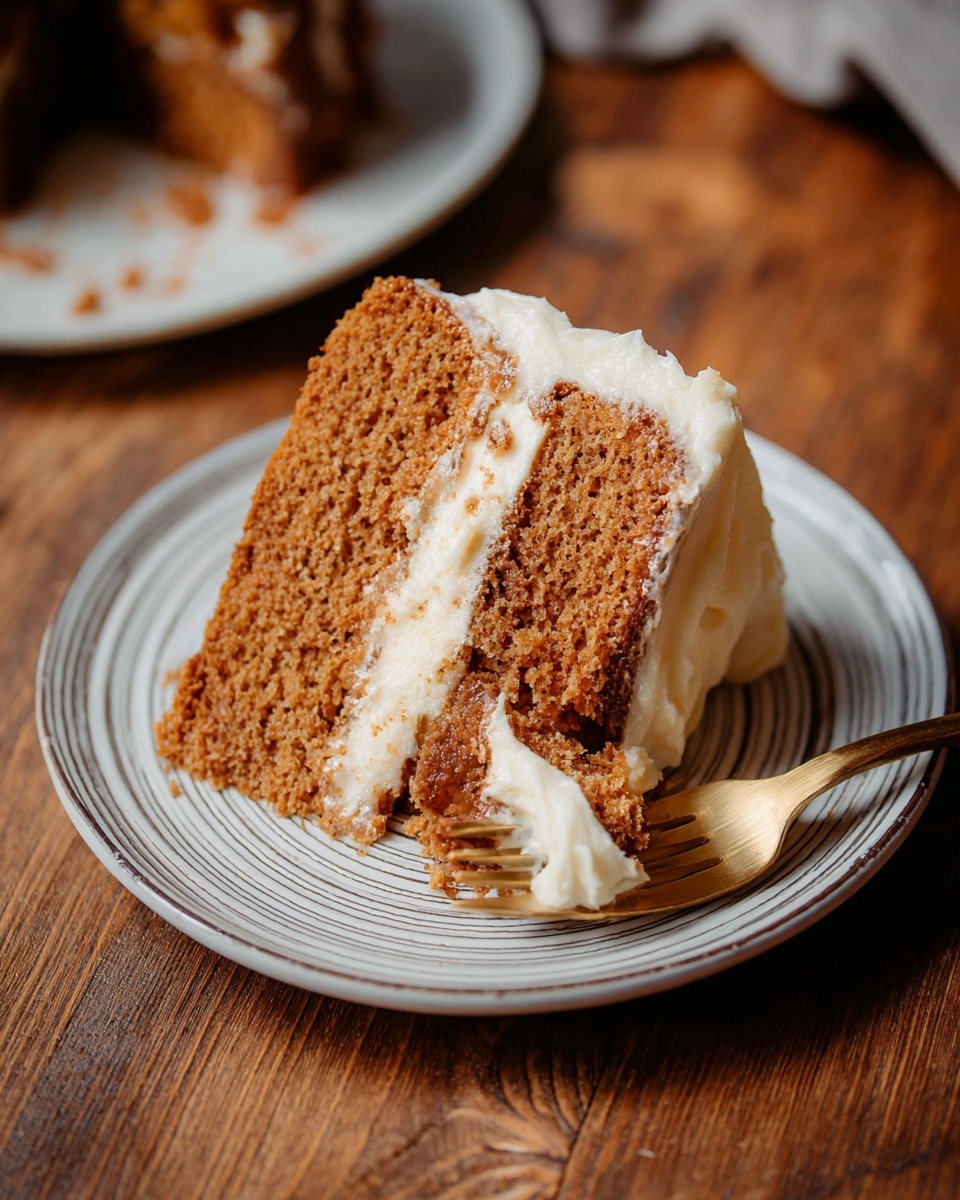 A slice of two-layer brown cake sits on a white plate with thin gray stripes, placed on a wooden surface. The cake layers have a soft and crumbly texture, separated by a thick white creamy frosting. More frosting covers the sides of the cake, with a slightly smooth, rich look. A golden fork holds a bite of the cake with frosting at the front of the plate. The photo taken with an iphone --ar 4:5 --v 7