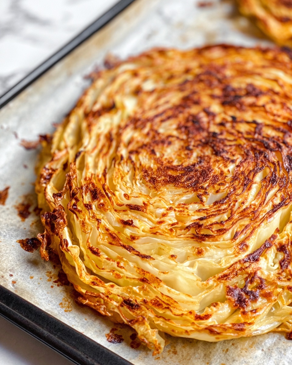 A close-up view of a single large round slice of roasted cabbage laying flat on a baking tray with parchment paper. The cabbage slice has many thin layers visible, starting with a light cream color on the outer edges and moving to a deep golden brown with some darker brown char marks toward the center. The surface texture shows crispy, curled edges around the outer layers and a slightly rough, caramelized top in the middle. The baking tray rests on a white marbled surface. photo taken with an iphone --ar 4:5 --v 7