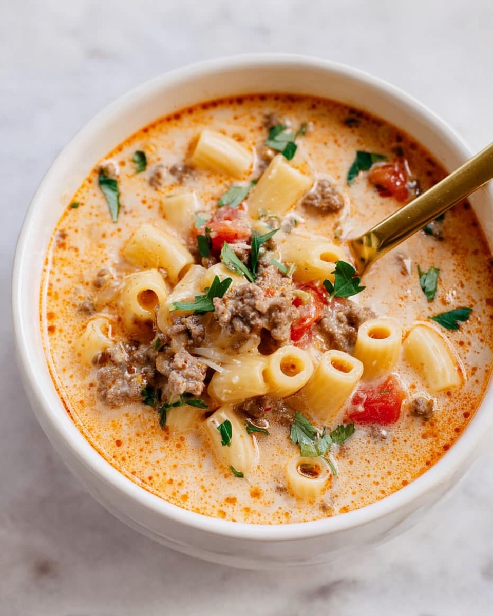 A white bowl filled with creamy soup that has about four main layers: a base of light orange creamy broth with small red oil spots, mixed with small pasta tubes in pale yellow, pieces of cooked ground meat in brown, and diced red tomatoes. On top, fresh green parsley leaves are scattered. A golden spoon scoops some of the soup, showing the mix of pasta, meat, and broth clearly. The bowl sits on a white marbled surface. Photo taken with an iphone --ar 4:5 --v 7