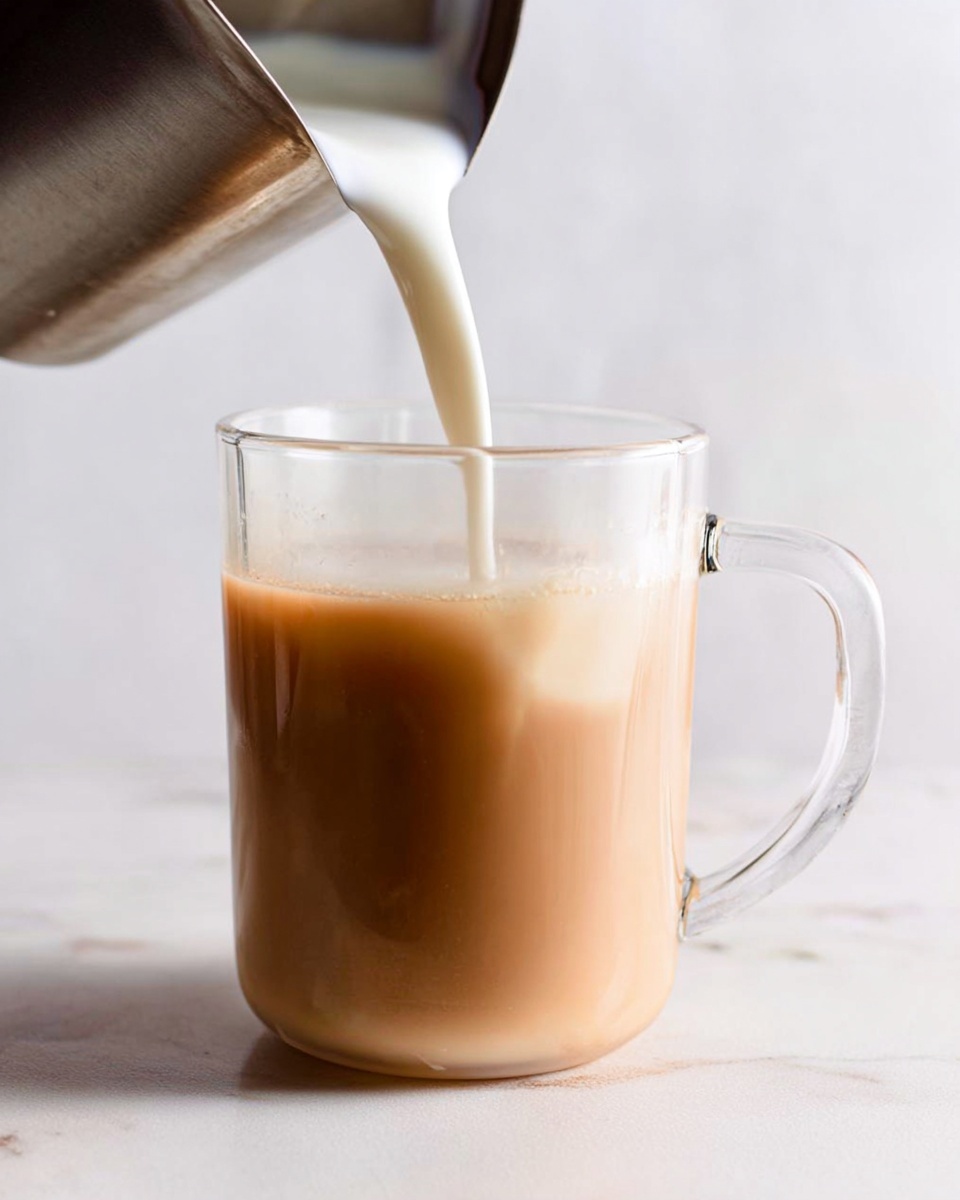 A clear glass mug filled about halfway with light brown tea sits on a white marbled surface. A metal container held above the mug is pouring a thick, white liquid into the tea, creating a smooth swirl of cream mixing with the tea. The mug has a clear handle on the right side and the background is softly lit and white. Photo taken with an iphone --ar 4:5 --v 7