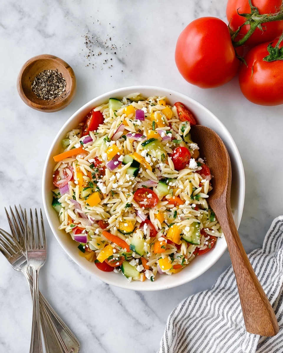 A white bowl filled with a colorful orzo salad sits on a white marbled surface with a gray and white striped cloth beside it. The salad has layers of small pasta pieces that are light yellow and shiny, mixed with chopped vegetables including bright orange and yellow bell peppers, green cucumber pieces, red cherry tomato halves, and small purple onion cubes. Scattered on top are small white crumbles of cheese and some green herb leaves, with a light sprinkling of black pepper over everything. In the background, there is a red tomato partially shown. photo taken with an iphone --ar 4:5 --v 7