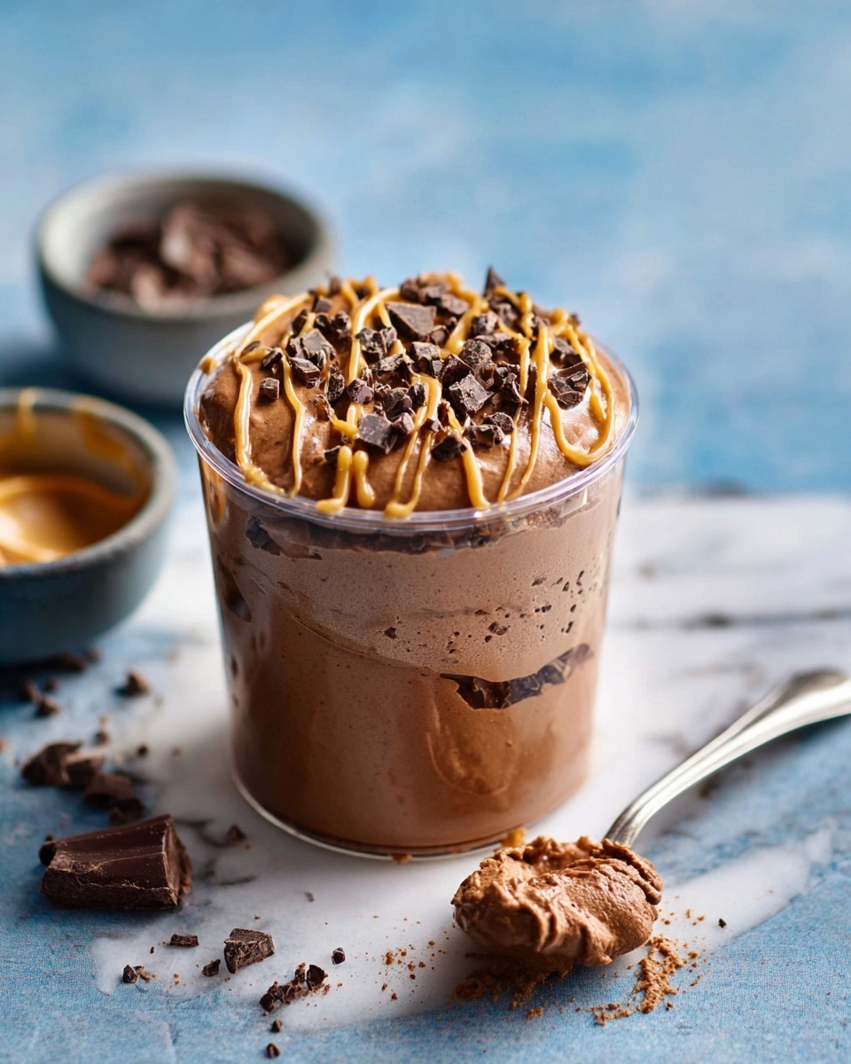 The image shows a clear container filled with smooth chocolate mousse, about two layers thick. The top layer is decorated with thin, light brown caramel drizzle and sprinkled with small dark chocolate pieces that add a crunchy texture. The container is placed on a white marbled surface, with two small bowls nearby - one with chocolate chunks and the other empty with some caramel residue. A silver spoon lies on the right side of the container, showing some mousse on it, as if just used by a woman's hand. The background has soft blue tones that highlight the rich dessert. Photo taken with an iphone --ar 4:5 --v 7