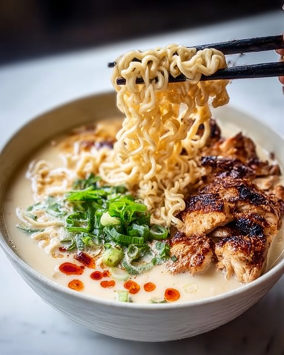 A close-up of a bowl of creamy ramen with three main layers: the first layer is creamy white broth filling the bowl, the second layer has grilled brown chicken pieces placed on one side with a slightly shiny, caramelized texture, and the third layer features bright green chopped scallions in the center. Above the bowl, a woman’s hand holds black chopsticks lifting light brown curly ramen noodles, showing their springy texture. The bowl is white, placed on a white marbled surface. Small drops of red chili oil float on the broth surface near the edge. Photo taken with an iphone --ar 4:5 --v 7