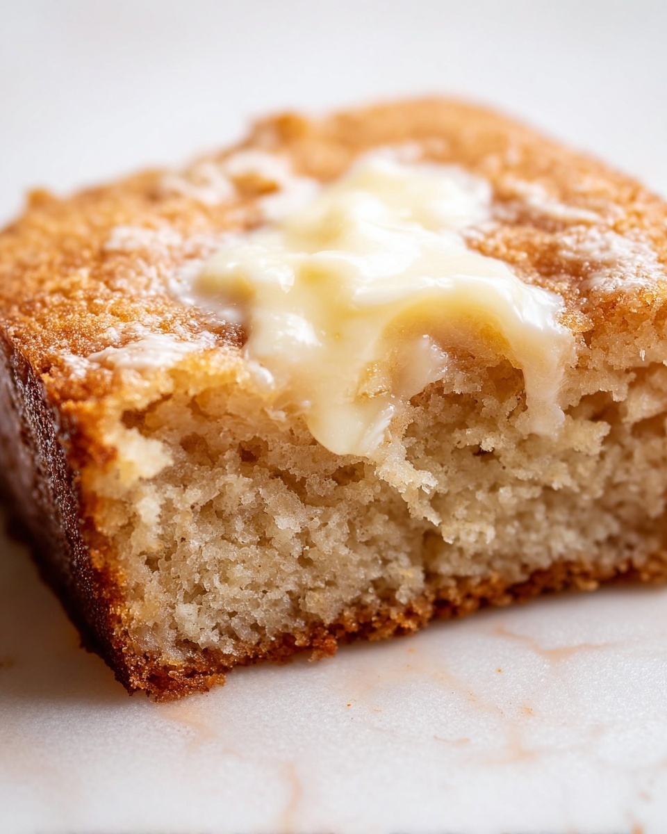 A close-up image of a single square piece of warm, golden brown cake with a light, crumbly texture and visible tiny bubbles on the surface, topped with a melting, creamy white butter slab that is soft at the edges and slightly glossy. The cake base is slightly darker brown and looks moist and tender. The background shows a soft white marbled texture. photo taken with an iphone --ar 4:5 --v 7