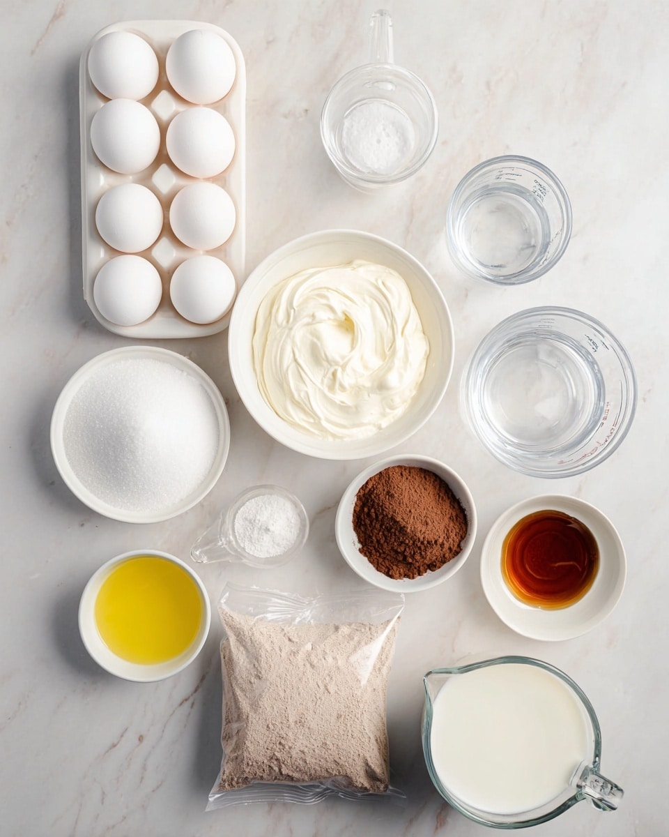 The image shows a top view of various baking ingredients neatly placed on a white marbled surface. At the top center, six white eggs rest in a white tray. Below, slightly left, a clear glass bowl holds a smooth, thick white cream. To the right of it, a clear glass measuring cup contains a clear liquid, likely water. Directly below the eggs in the center, a sealed plastic bag with light brown powder is placed. On the left side, there is a white bowl filled with white granulated sugar, and below it, another white bowl containing yellow oil. Near the bottom left corner, a white container holds cream cheese. To the right side near the center, a small white bowl contains light brown powder, possibly cocoa or flour. Above this, a small white cup holds amber-colored liquid, possibly vanilla extract. At the bottom right, a clear glass measuring cup has white milk inside. All items are well spaced and arranged pleasingly on the white marbled surface photo taken with an iphone --ar 4:5 --v 7