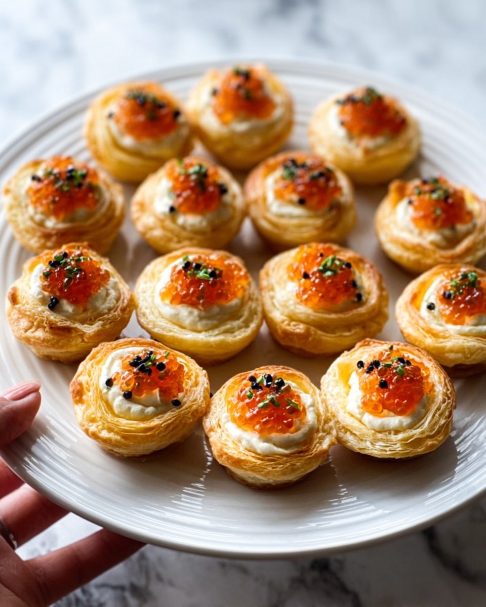 The image shows a white plate with many small round puff pastry cups arranged closely together. Each cup has a creamy white filling that looks soft and smooth, topped with a small mound of bright orange sauce or paste. On top of the orange layer are tiny green bits and small black seeds, adding color contrast and texture. The pastries have golden-brown, flaky edges with a layered look. The plate is on a white marbled surface. A woman's hand is gently holding one of the cups from the plate. photo taken with an iphone --ar 4:5 --v 7