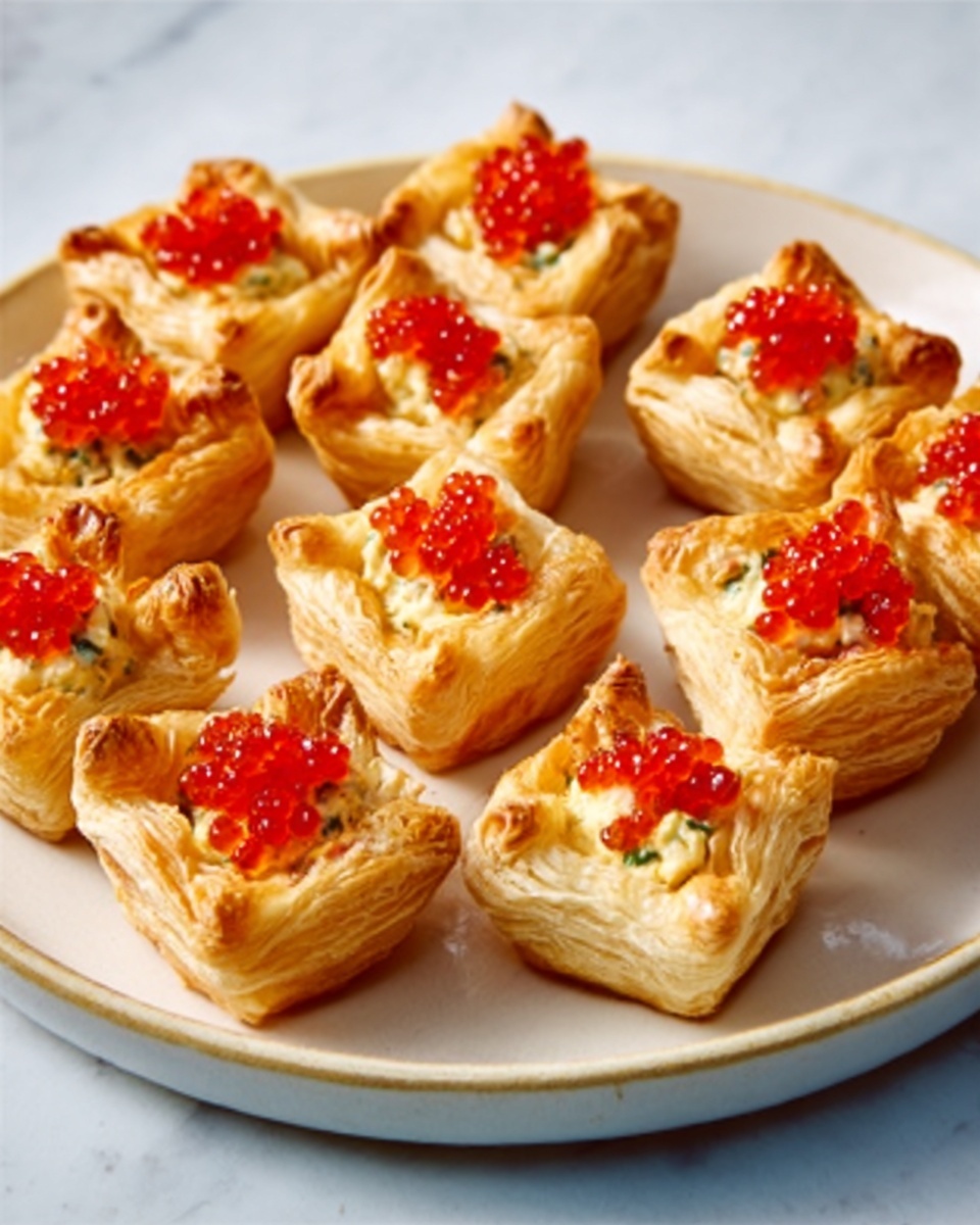 A white plate holds ten small, square puff pastry cups, each filled with a creamy yellow mixture and topped with bright red bits that look like fish roe or small diced peppers. The puff pastry is golden brown and flaky with clear, thin layers that puff up around the filling. The white marbled surface under the plate adds a clean, elegant look. photo taken with an iphone --ar 4:5 --v 7
