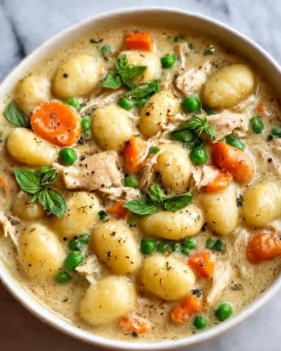 A close-up view of a white spoon lifted above a black pan, holding a thick creamy mixture made of small pieces of cooked chicken, bright green peas, and diced orange carrots, all covered in a smooth, light yellow sauce. The background shows the creamy mixture filling the pan with visible chunks of vegetables and chicken, with a white marbled surface behind the pan. The overall look is warm and comforting with soft colors of cream, green, and orange. Photo taken with an iphone --ar 4:5 --v 7