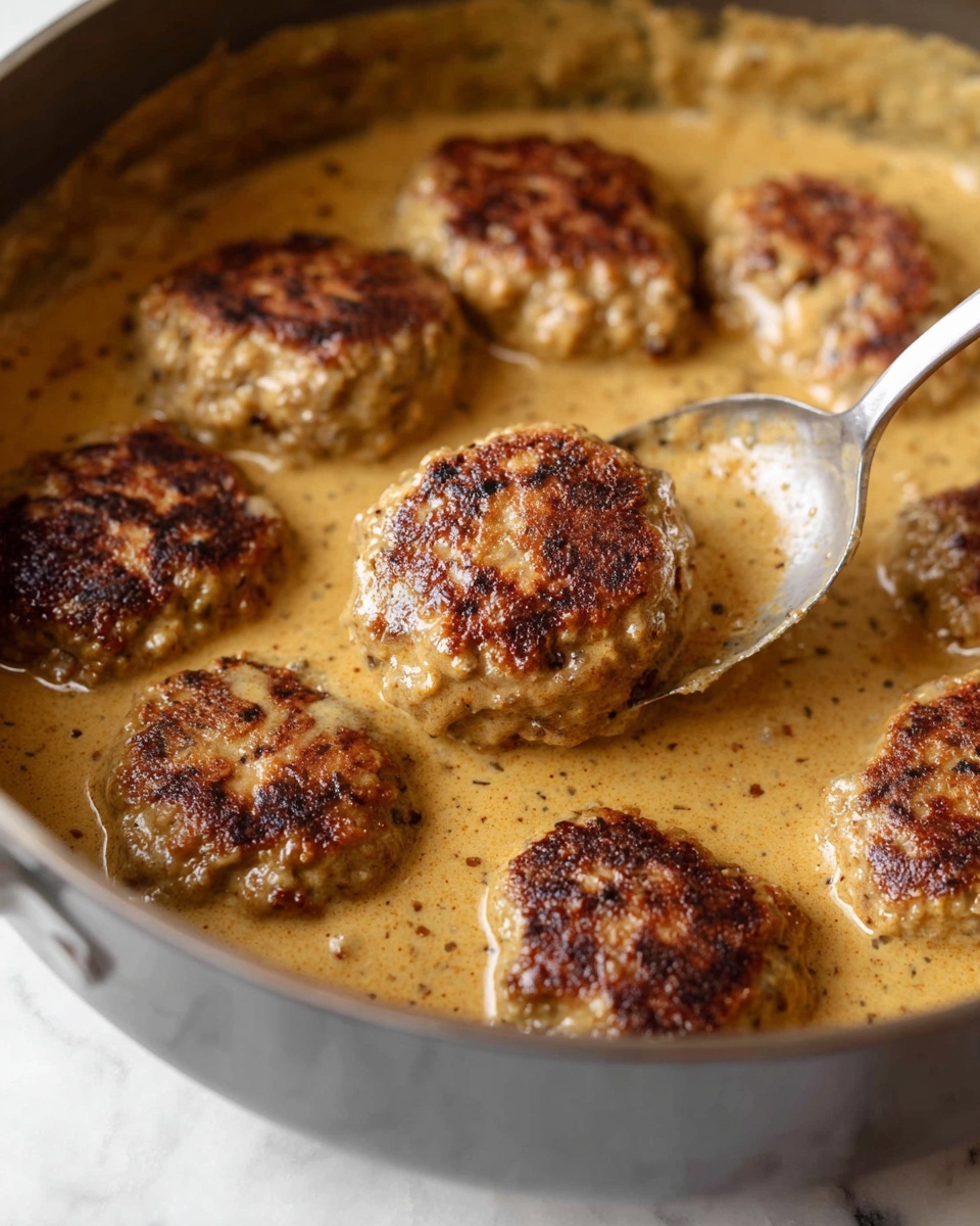 The image shows a pot filled with several browned meat patties cooked in a thick light brown sauce. Each patty has a slightly rough texture with a golden, crispy outer layer. The sauce looks creamy and smooth, covering the base of the pot and partially submerging the patties. A metal spoon is dipped into the sauce, lifting one patty slightly, showing its soft inside. The whole scene sits on a white marbled background. photo taken with an iphone --ar 4:5 --v 7
