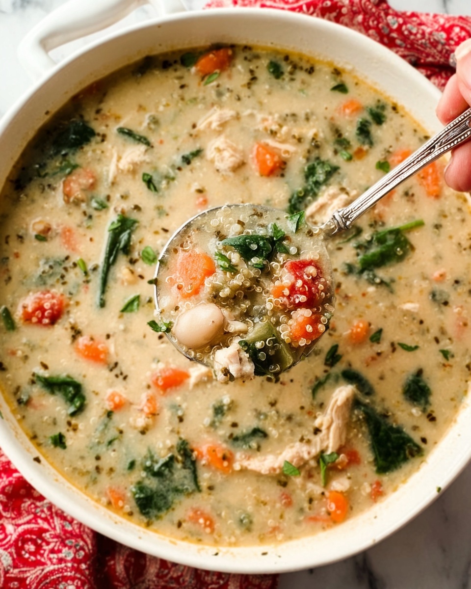 The image shows a large white bowl filled with creamy chicken and vegetable soup. The soup has a light beige broth with visible small pieces of orange carrots, green leafy vegetables, and small chunks of white chicken. There are also tiny bits of quinoa or rice throughout the soup, creating a textured look. A silver spoon holding a scoop of the soup is lifted above the bowl, showing all the ingredients clearly. A woman’s hand holds the spoon. The bowl is placed on a white marbled surface with a red patterned cloth partially visible at the edge. photo taken with an iphone --ar 4:5 --v 7