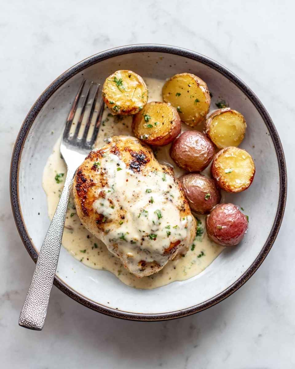 A white bowl with a dark rim holds a single grilled chicken piece at the center, covered in a smooth, creamy white sauce with small green herb bits scattered on top. Surrounding the chicken on one side are several halved roasted baby potatoes with golden-brown and light reddish skins, also lightly coated in the same sauce. A silver fork with a textured handle rests inside the bowl on the left side, touching the chicken. The bowl is placed on a white marbled surface. photo taken with an iphone --ar 4:5 --v 7