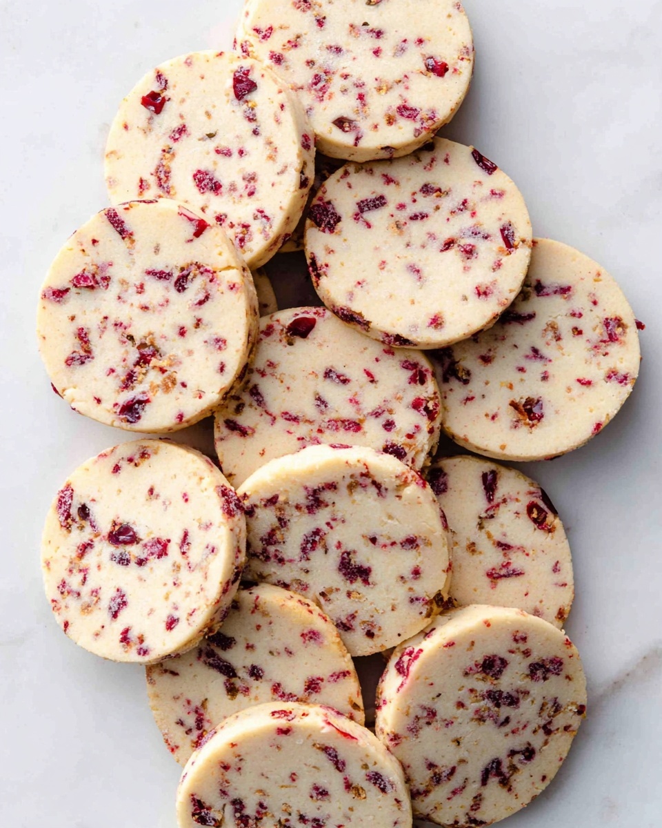A pile of round, flat cookies on a white marbled surface, each cookie showing a pale cream base with small bits of red fruit mixed throughout, giving them a speckled look. The cookies have a slightly golden edge, showing they are baked, and the texture on top looks smooth with visible pieces of dried fruit spread evenly in all layers. The cookies overlap each other casually, filling the frame from top to bottom. photo taken with an iphone --ar 4:5 --v 7