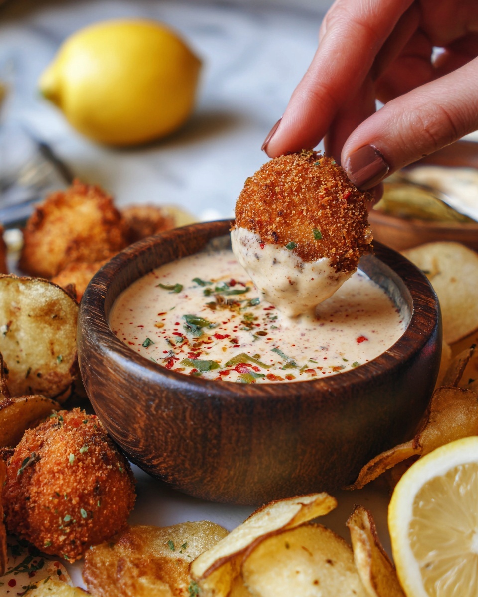 A close-up image shows a small round wooden bowl filled with a creamy sauce that has a light pinkish-beige color, speckled with tiny mustard seeds, green herb bits, and red spices scattered throughout. A vintage silver spoon rests in the bowl, coated with the sauce. Surrounding the bowl, there are golden brown crispy potato slices and pieces of toasted bread with crusty texture. A bright yellow lemon and a lemon wedge with juicy flesh are placed near the bowl on a white marbled surface, adding a fresh contrast to the warm tones. Two additional silver spoons lay beside the bowl on a blue and white striped cloth. photo taken with an iphone --ar 4:5 --v 7