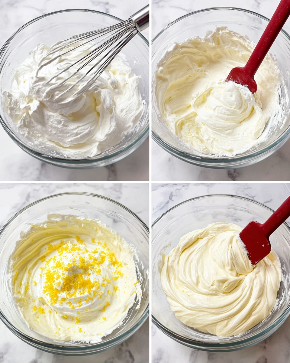 A collage of four images showing the process of making whipped cream mixture in a clear glass bowl placed on a white marbled counter. The first image has a silver whisk holding stiff peaks of white whipped cream above the bowl. The second image shows a red spatula folding a smooth, creamy yellow layer into the white whipped cream inside the bowl. The third image features the mixture with a bright yellow zest sprinkled on top, still in the bowl with the red spatula resting inside. The last image shows the fully mixed, smooth, thick cream with a pale yellow tint, being gently stirred by the red spatula. photo taken with an iphone --ar 4:5 --v 7