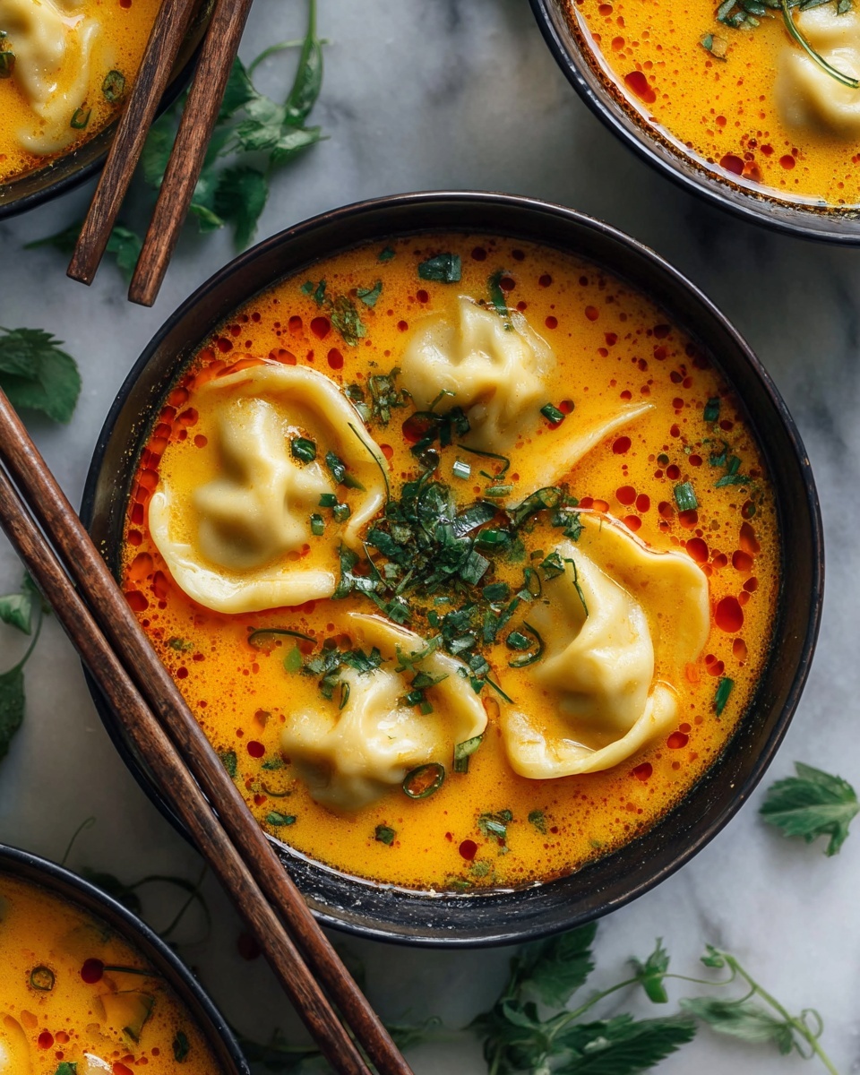 The image shows a black bowl filled with a bright orange soup that has a smooth, slightly oily surface with small red oil droplets scattered on top. Inside the soup are five pale yellow dumplings with soft, curved edges floating evenly throughout. The dumplings' smooth texture contrasts with the liquid, and they are topped with small, finely chopped green herbs spread mostly in the center. The bowl rests on a white marbled surface with some green leafy sprigs around it, and a pair of wooden chopsticks lie on the left edge of the bowl. A partial view of two similar bowls with the same soup and dumplings is visible on the top right and bottom right corners. photo taken with an iphone --ar 4:5 --v 7