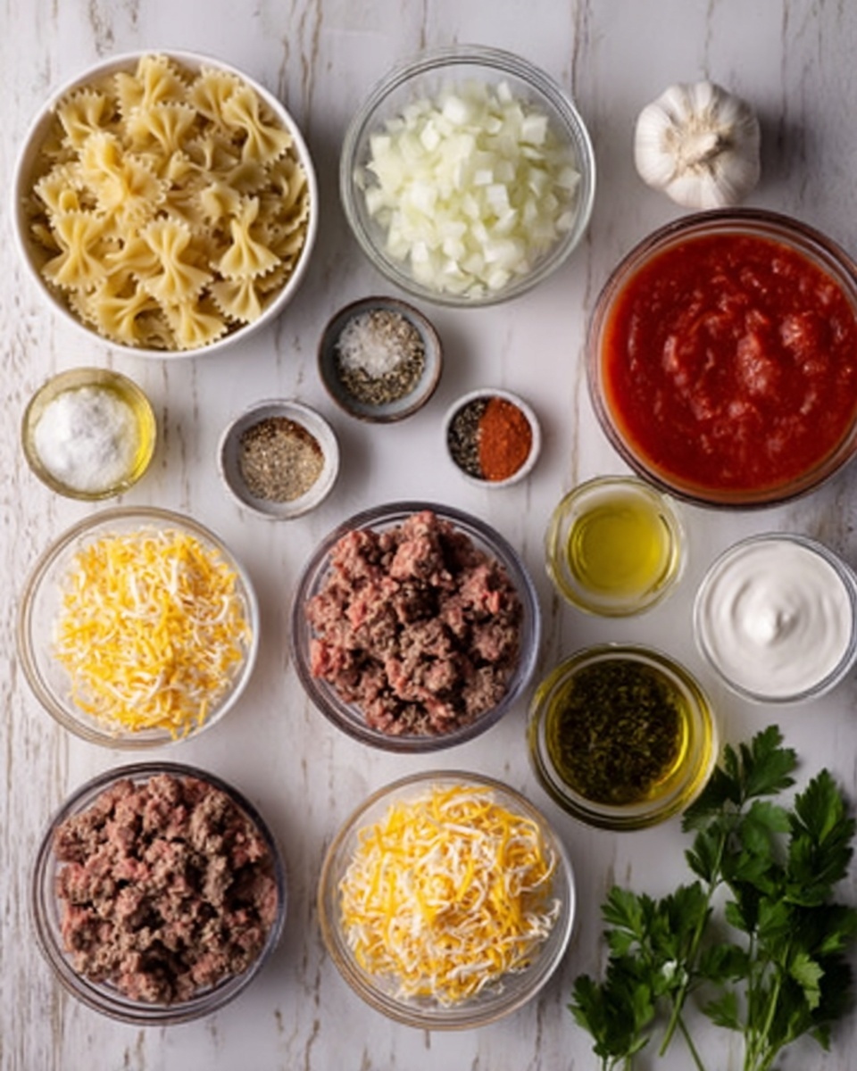 The image shows a white marbled surface with various ingredients neatly placed in small glass bowls and a white bowl. There are three clear bowls filled with different types of cooked ground meat and shredded yellow cheese, arranged in a row near the bottom. To the top left, a white bowl holds uncooked bowtie pasta, while to its right, a small glass bowl contains chopped white onions. Another bowl near the onions is filled with bright red tomato sauce. Several small containers hold white cream, olive oil, minced garlic, and spices scattered around, each with a smooth or granular texture. Fresh green parsley sprigs lie on the white marbled surface to the right, adding a splash of color. photo taken with an iphone --ar 4:5 --v 7