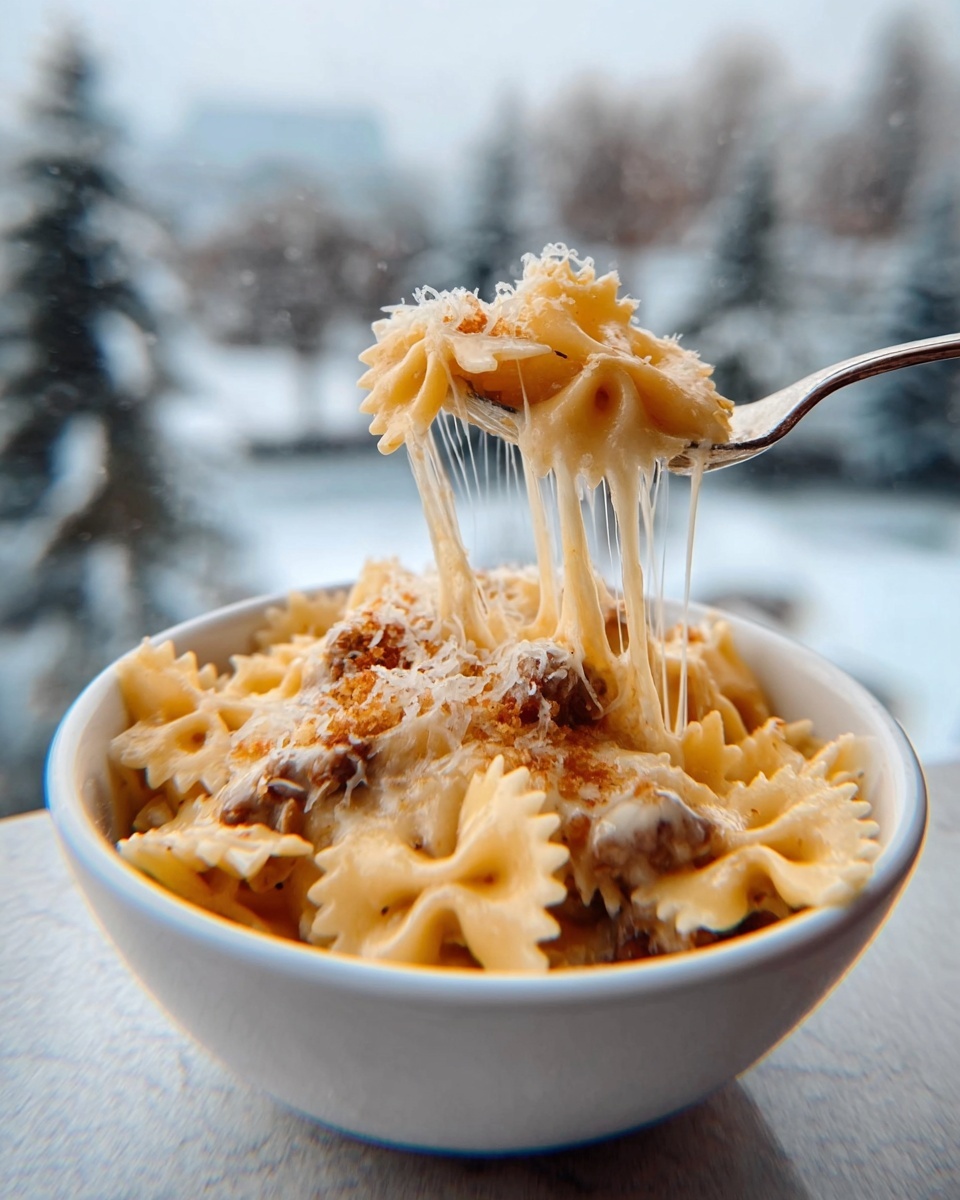 The image shows a white bowl filled with creamy pasta made of farfalle noodles mixed with melted cheese and small pieces of browned meat. On top, there is a sprinkle of crispy breadcrumbs or grated cheese adding a crunchy texture. A spoon lifts some pasta from the bowl, stretching the melted cheese between the spoon and the bowl, showing gooey, stringy cheese texture. The bowl sits on a white marbled surface with a soft-focused, cool-toned background suggesting a winter outdoor scene. Photo taken with an iphone --ar 4:5 --v 7