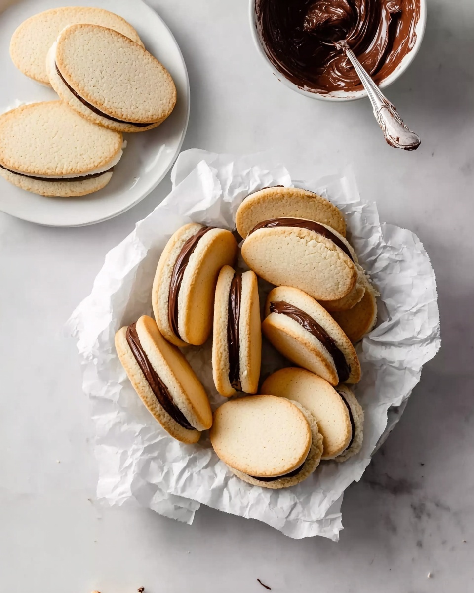 The image shows a white plate with several oval-shaped cookies that have a smooth, light golden-brown outer layer and a thick dark chocolate filling in the middle layer, arranged in a stacked, overlapping pattern on white crumpled paper. Above the plate, there is a white bowl with leftover chocolate spread and a spoon inside it. On the left side of the image, another white plate holds three cookie halves without filling. All items are placed on a white marbled surface. Photo taken with an iphone --ar 4:5 --v 7