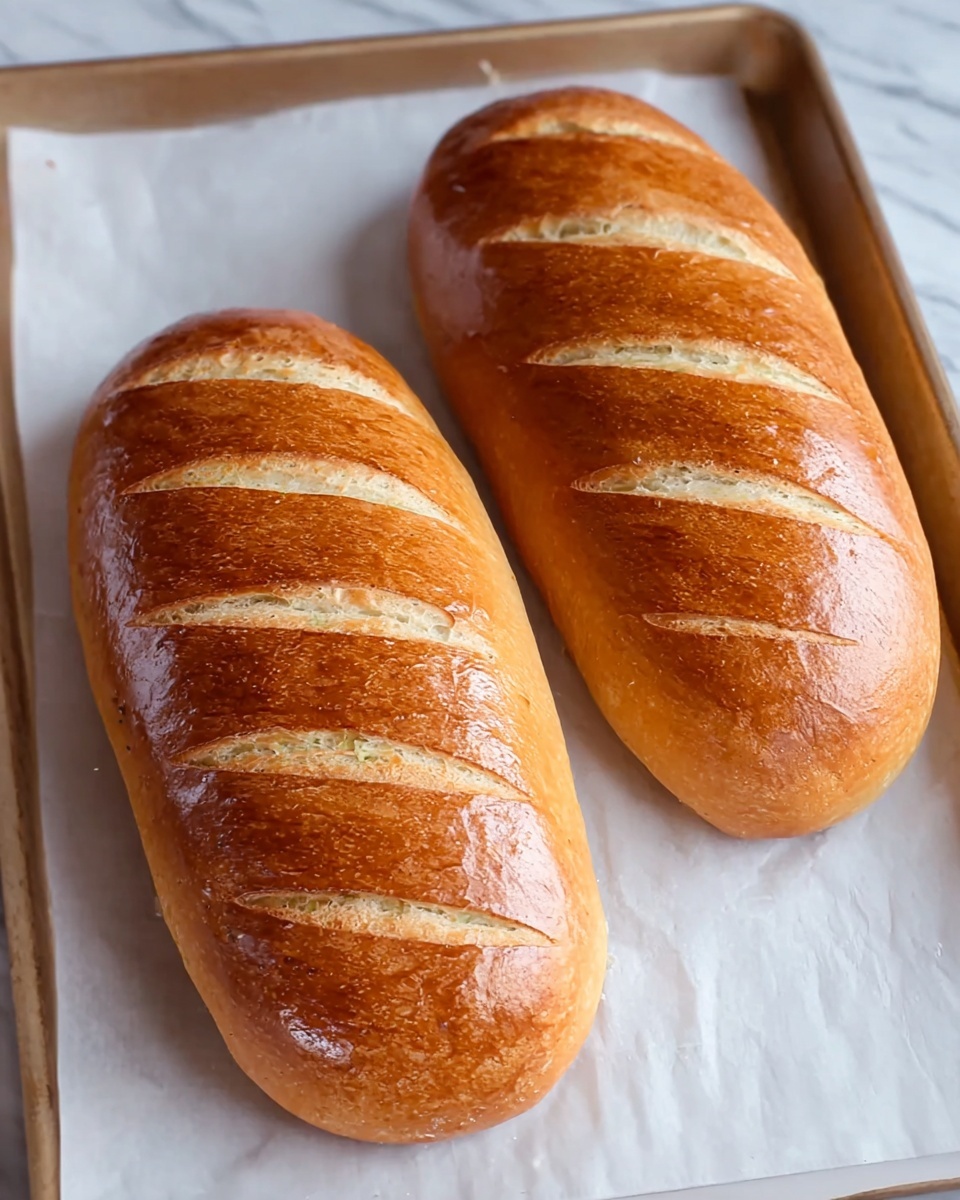The image shows two golden brown loaves of bread on a baking tray lined with white parchment paper. Each loaf has a shiny surface with five diagonal slashes, revealing a soft, lighter inside. The crust looks smooth and slightly glossy, showing a well-baked texture. The tray sits on a white marbled texture surface with a light wooden background visible in the upper part. photo taken with an iphone --ar 4:5 --v 7