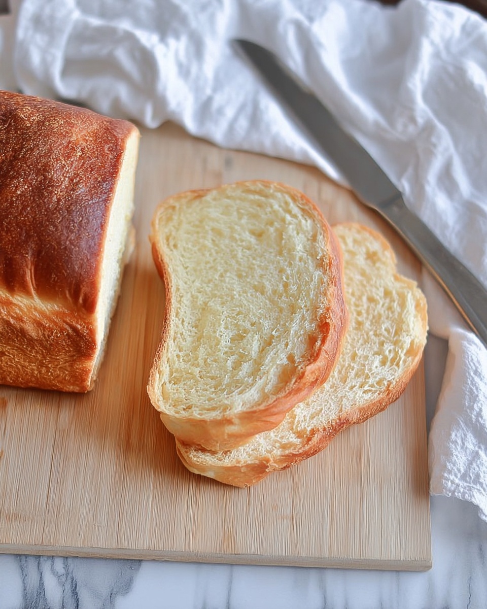Two thick slices of soft white bread sit on a light wooden cutting board with a warm golden crust around the edges. To the left, part of the remaining loaf shows a shiny brown crust. A long silver knife rests on the right side of the board, and a white cloth lies in the background on a white marbled surface. Photo taken with an iphone --ar 4:5 --v 7