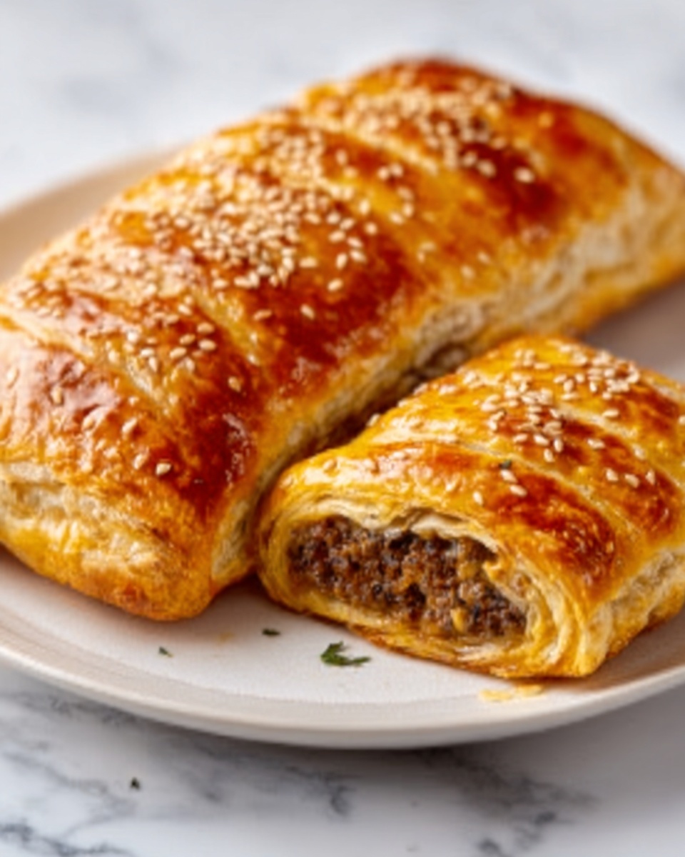 The image shows two golden brown pastries on a white plate, placed on a white marble surface. One large pastry is whole, with a shiny, crispy, and flaky crust sprinkled with sesame seeds on top. The other smaller pastry is cut open, showing a dark brown, finely minced filling inside. The pastries have a layered, textured crust that looks light and crunchy. The scene is well-lit, highlighting the warm tones of the baked pastry. Photo taken with an iphone --ar 4:5 --v 7