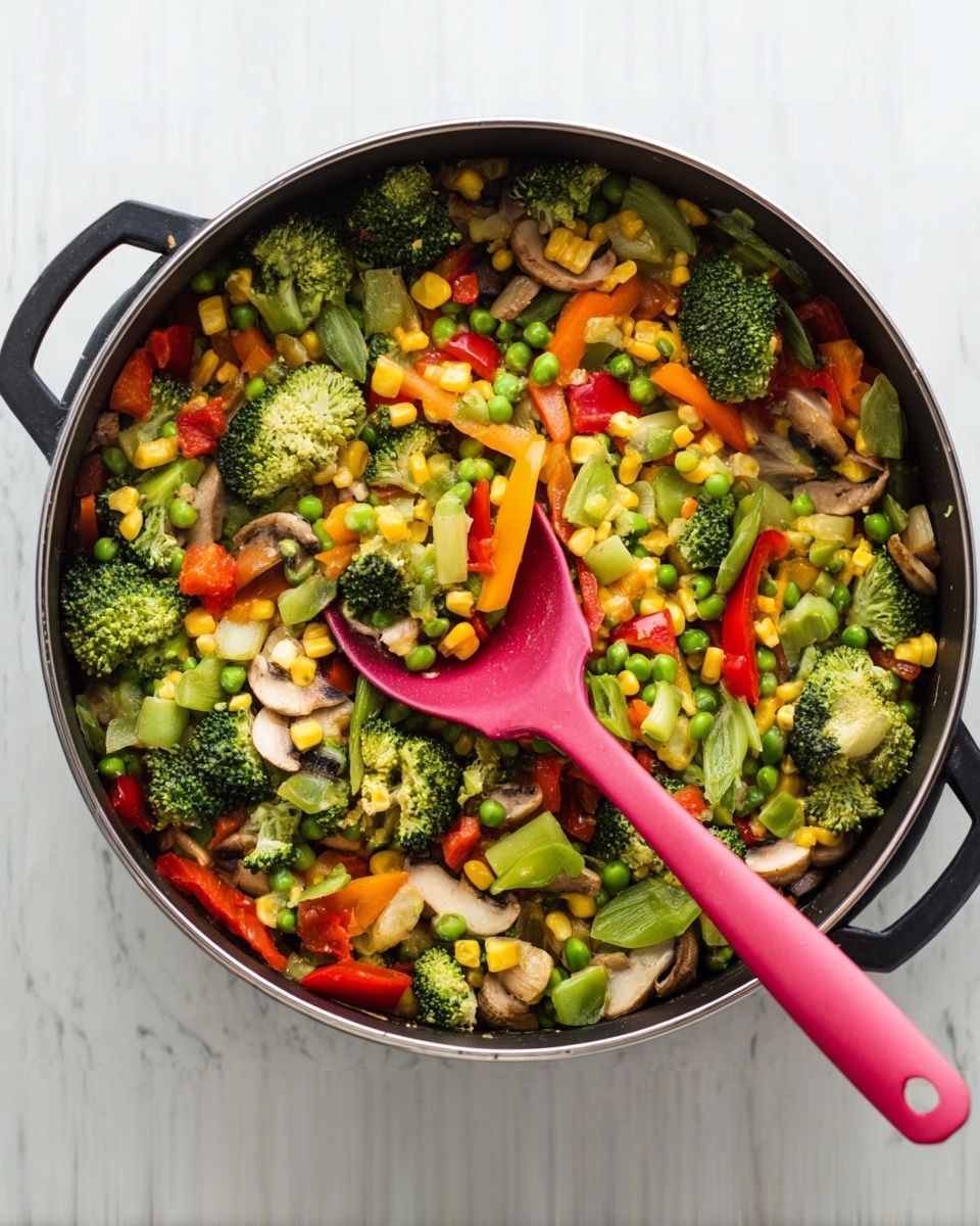 A large black cooking pot filled with a colorful mix of vegetables. The top layer shows bright green broccoli florets, yellow corn kernels, orange and red bell pepper strips, green peas, sliced mushrooms, and light green celery pieces, all mixed together. A pink spoon rests on top of the vegetables inside the pot. The pot is placed on a white marbled surface. photo taken with an iphone --ar 4:5 --v 7