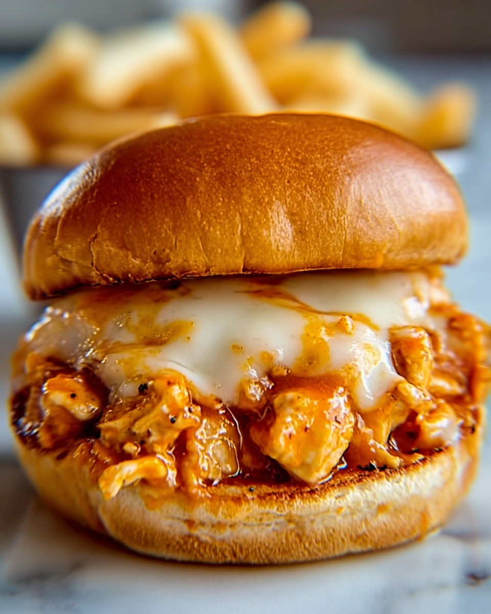 A close-up of a sandwich with three visible layers inside a soft, light brown bun; the bottom layer is chunky, golden-brown cooked chicken coated in a rich orange sauce, the middle layer is melted white cheese covering the chicken and slightly dripping over the sides, and the top is the smooth, shiny bun. In the background, there are blurred white fries on a white marbled surface. The focus is on the sandwich’s texture and colors, making it look warm and tasty. Photo taken with an iphone --ar 4:5 --v 7