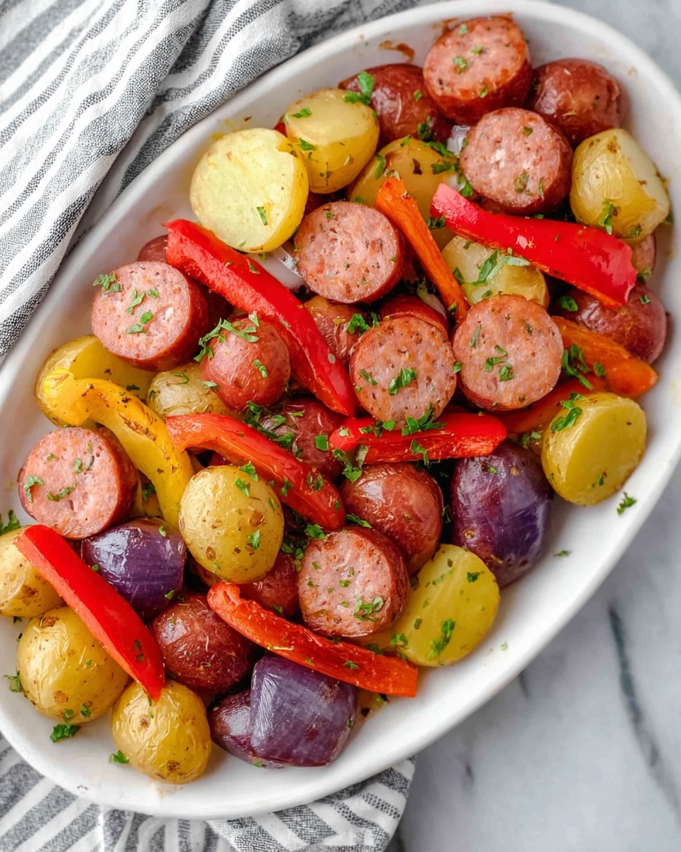 The image shows a white oval plate filled with several layers of food. The bottom layer has small round potatoes in yellow, red, and purple colors with a smooth, slightly shiny texture. On top of that are thin, long slices of red bell peppers placed in different directions, adding bright red color contrast. The top layer is round slices of sausage with a pinkish-red color and small specks visible inside. Small green herb leaves are sprinkled over everything for a fresh look. The plate is set on a white marbled surface with a striped cloth on the left side. Photo taken with an iphone --ar 4:5 --v 7