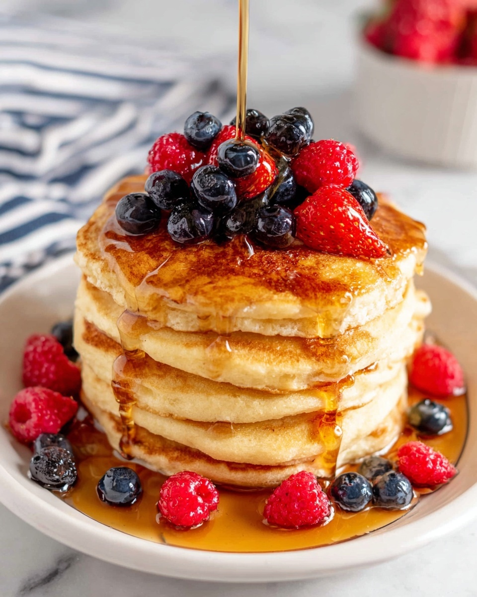 A tall stack of six golden brown pancakes sits on a white plate, each pancake soft and thick with a slightly crispy edge. Fresh red raspberries and small dark blue blueberries are piled on the top pancake and scattered around the base of the stack. A thick stream of syrup is poured over the berries, flowing down the sides of the pancakes and pooling on the plate. The plate rests on a white marbled surface, with a striped cloth in the background. Photo taken with an iphone --ar 4:5 --v 7
