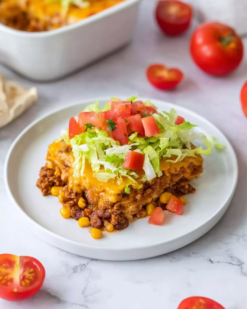 A white plate on a white marbled surface holds a small serving of layered taco casserole. The bottom layer is a mix of cooked ground meat and beans with visible corn kernels, covered by melted golden cheddar cheese. On top, there is a fresh layer of shredded light green lettuce and small diced red tomato pieces scattered over it. Around the plate, there are whole and quartered red tomatoes and a white bowl of a similar dish is partially visible in the background. Photo taken with an iphone --ar 4:5 --v 7