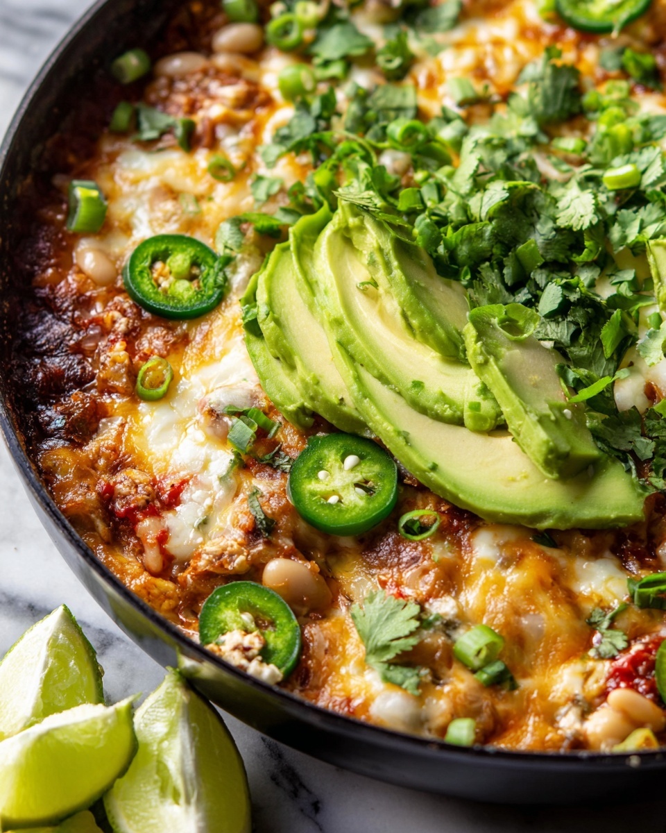 The dish is served in a black pan on a white marbled surface, showcasing layers starting from a rich, melted golden brown cheese base mixed with chunks of white beans and red bell peppers. On top sits thick wedges of light green avocado, sprinkled generously with bright green chopped scallions and thinly sliced green jalapeño rings. Fresh green cilantro leaves are scattered across the dish, adding texture and color contrast. Lime wedges with a light green inside rest near the pan, adding freshness to the visual. The textures range from creamy smooth avocado to melted bubbly cheese and soft beans, creating a vibrant, layered look. Photo taken with an iphone --ar 4:5 --v 7