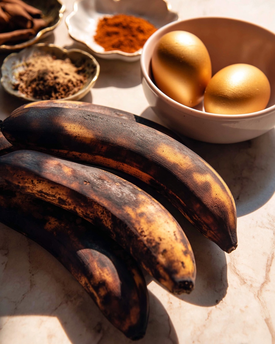 The image shows a close-up of four very dark brown ripe plantains with black patches, lying on a surface with a white marbled texture. To the right, there is a white bowl holding two shiny golden eggs, their smooth texture catching the sunlight. In the background, a white scalloped dish holds various spices in warm brown and reddish tones, slightly out of focus. The lighting comes from the top left, casting soft shadows and highlighting the textures of the plantains and eggs. Photo taken with an iphone --ar 4:5 --v 7