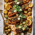 Sheet Pan Roasted Lemon Garlic Butter Salmon with Feta and Olives Recipe