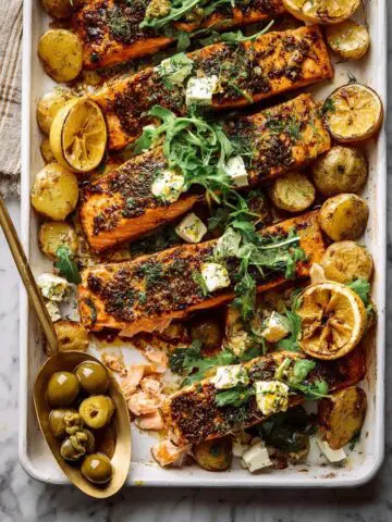 Sheet Pan Roasted Lemon Garlic Butter Salmon with Feta and Olives Recipe