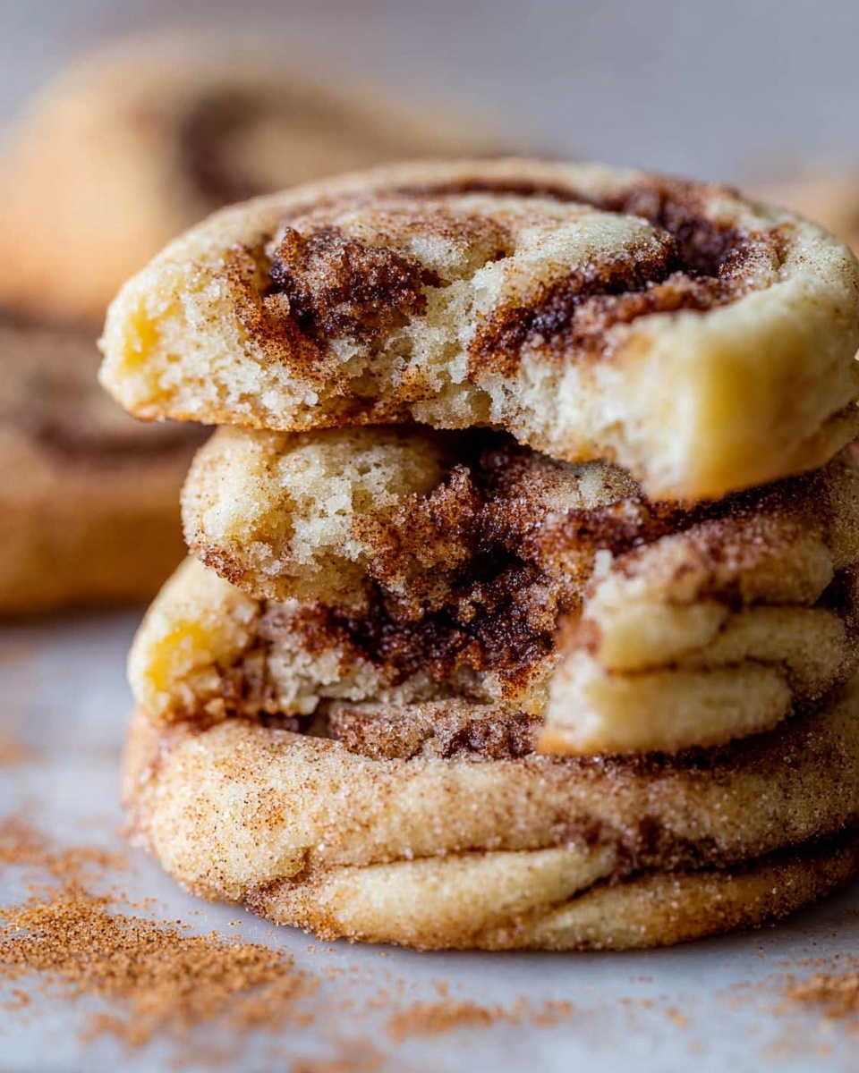 A close-up view of a stack of cinnamon roll cookies showing four visible layers with a soft, crumbly texture. Each layer shows a mix of golden-brown dough and dark cinnamon-sugar swirls creating a marbled effect throughout. The outer part is lightly golden with a dusting of cinnamon sugar, and one cookie has a bite taken out, revealing the soft inside. The cookies sit on a white marbled surface with a few cinnamon crumbs scattered around. Photo taken with an iphone --ar 4:5 --v 7