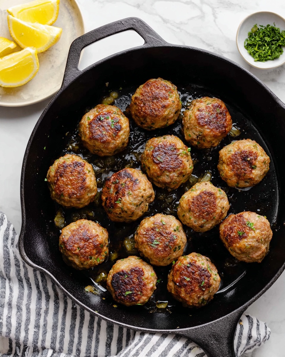 A black cast iron pan holds thirteen browned meatballs arranged in a loose circle, each meatball showing a crispy, golden-brown crust with specks of herbs and small bits of onion visible on the surface. The pan sits on a white marbled surface with a striped cloth underneath its handle. To the left, there is a small white plate with three thin, fresh lemon slices. A small bowl of chopped green herbs is partially visible in the upper right corner. The scene is brightly lit, highlighting the texture and color contrast between the meatballs and the pan. Photo taken with an iphone --ar 4:5 --v 7